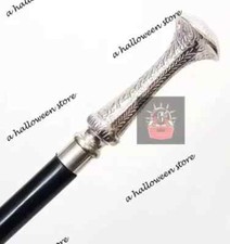 Antique Silver Finish Solid Brass Long Knob Handle Black Wood Cane Walking Stick