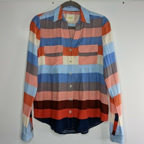 Anthropologie Maeve Womens 0 Wynwood Striped Colorblock Button Down Shirt FLAW - Picture 2 of 12