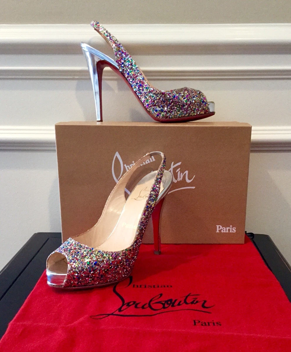 Christian Louboutin Sexy Glitter slingback Heels No Prive 37.5 120mm In  Box!*