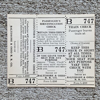 1950s BALTIMORE & OHIO B&O WHITE RAILWAY TRAIN TICKET #B747