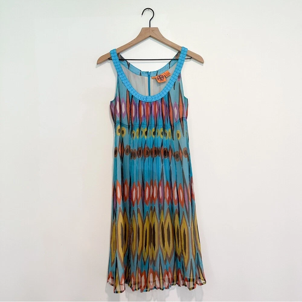 Tory Burch Silk Colorful Dress Ikat Peacock Pleated Sleeveless