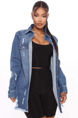 Lane Tree Hard Times Distressed Shacket - Medium Blue Wash shirt jacket