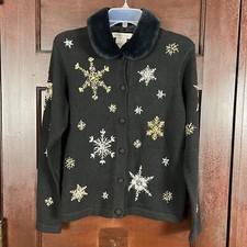 Victoria Jones Sweater Small Black Gold Silver Beaded Snowflakes Christmas Fur