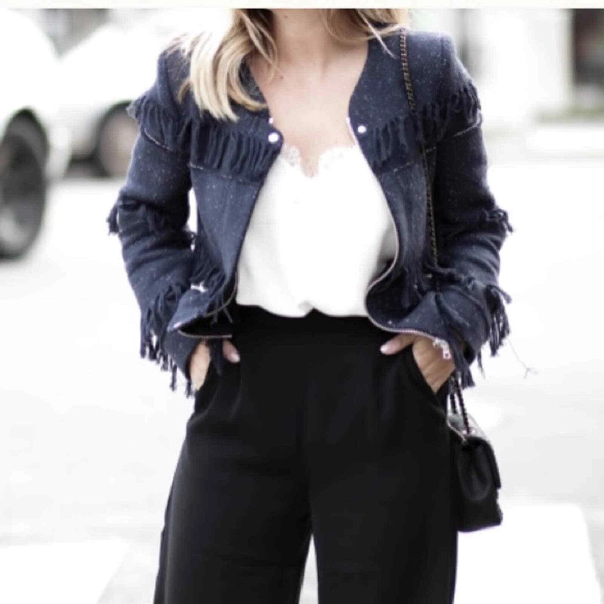 Sandro Venice Fringe Cotton Blend Tweed Jacket