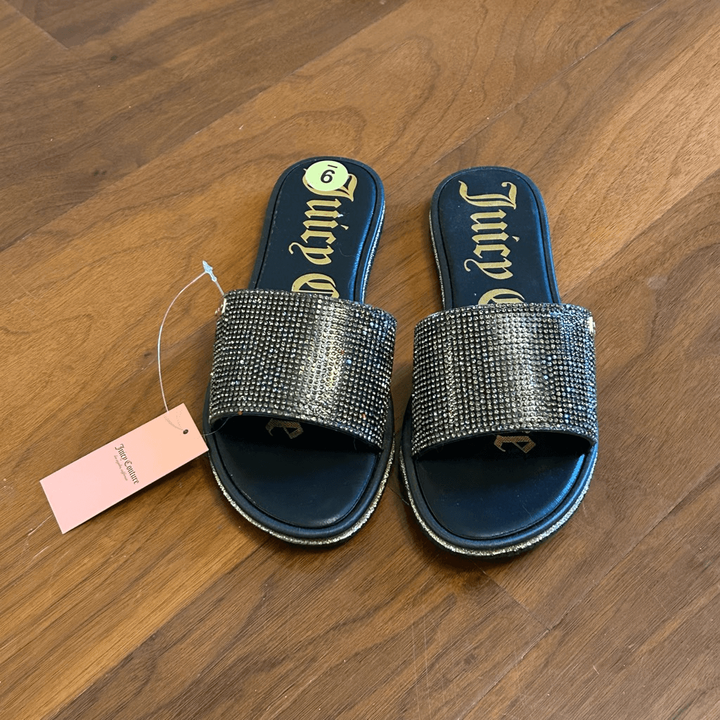 Juicy Couture women's Yummy Black/Gold slide sandals US size 9M NWT with flaws