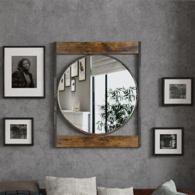 Industrial Hanging Metal Wall Mirror Round Rustic Modern Bathroom