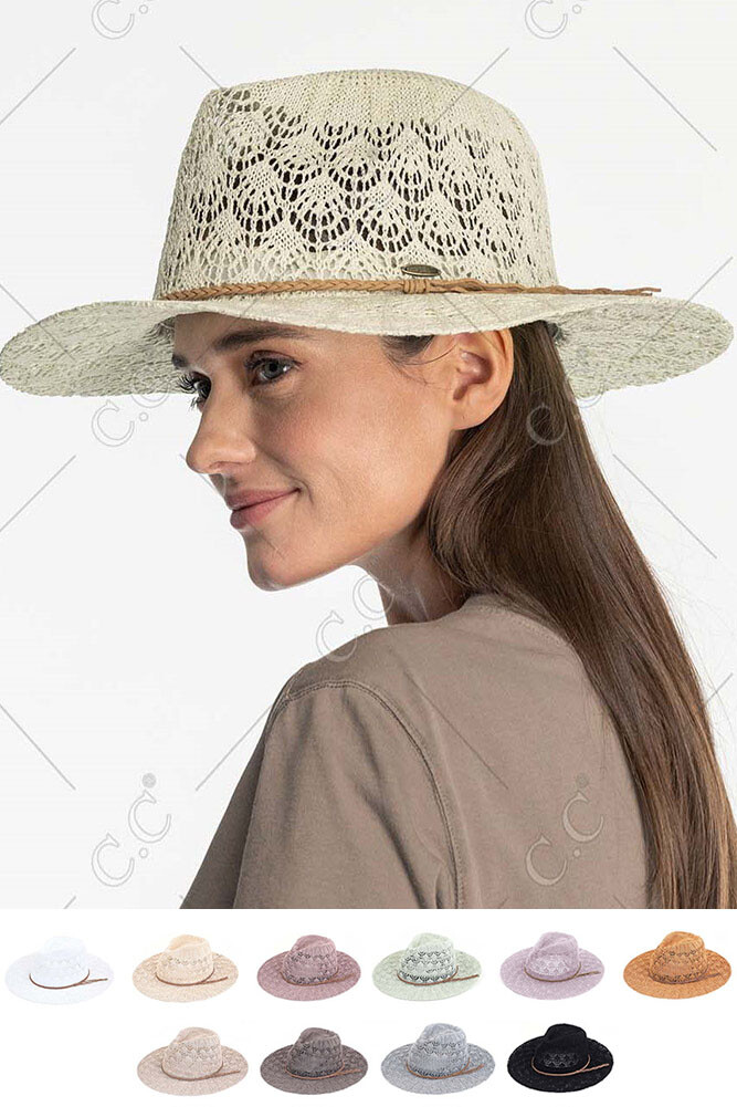 Exclusive Horseshoe Lace Knit Panama Hat with Braided Suede Trim Band