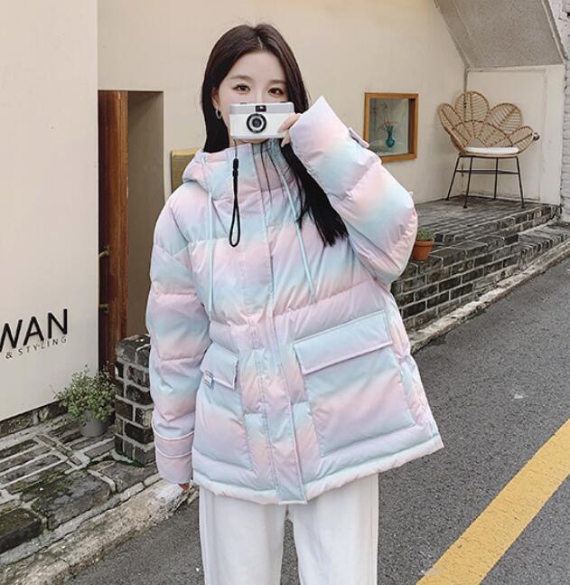 Women's Fashion Hooded Tie Dye Rainbow Padded Down Puffer Jacket