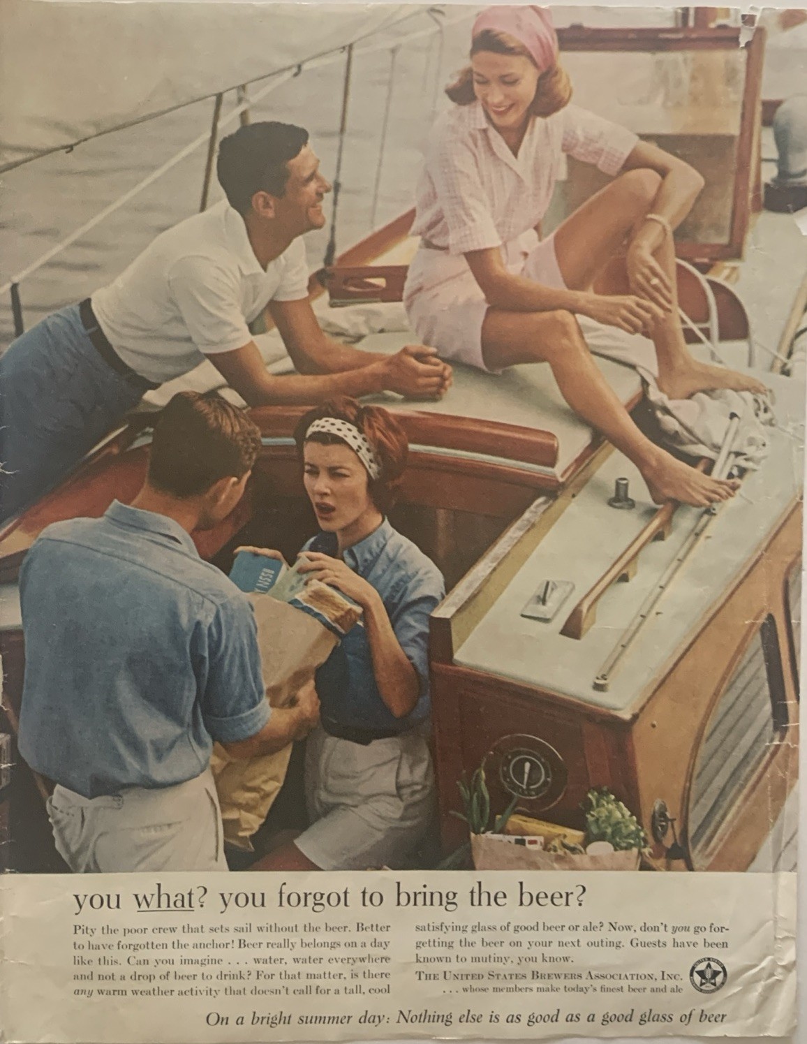 1961 US Brewers Association PRINT AD Couples Yacht VTG 1960s Forgot Bring Beer?