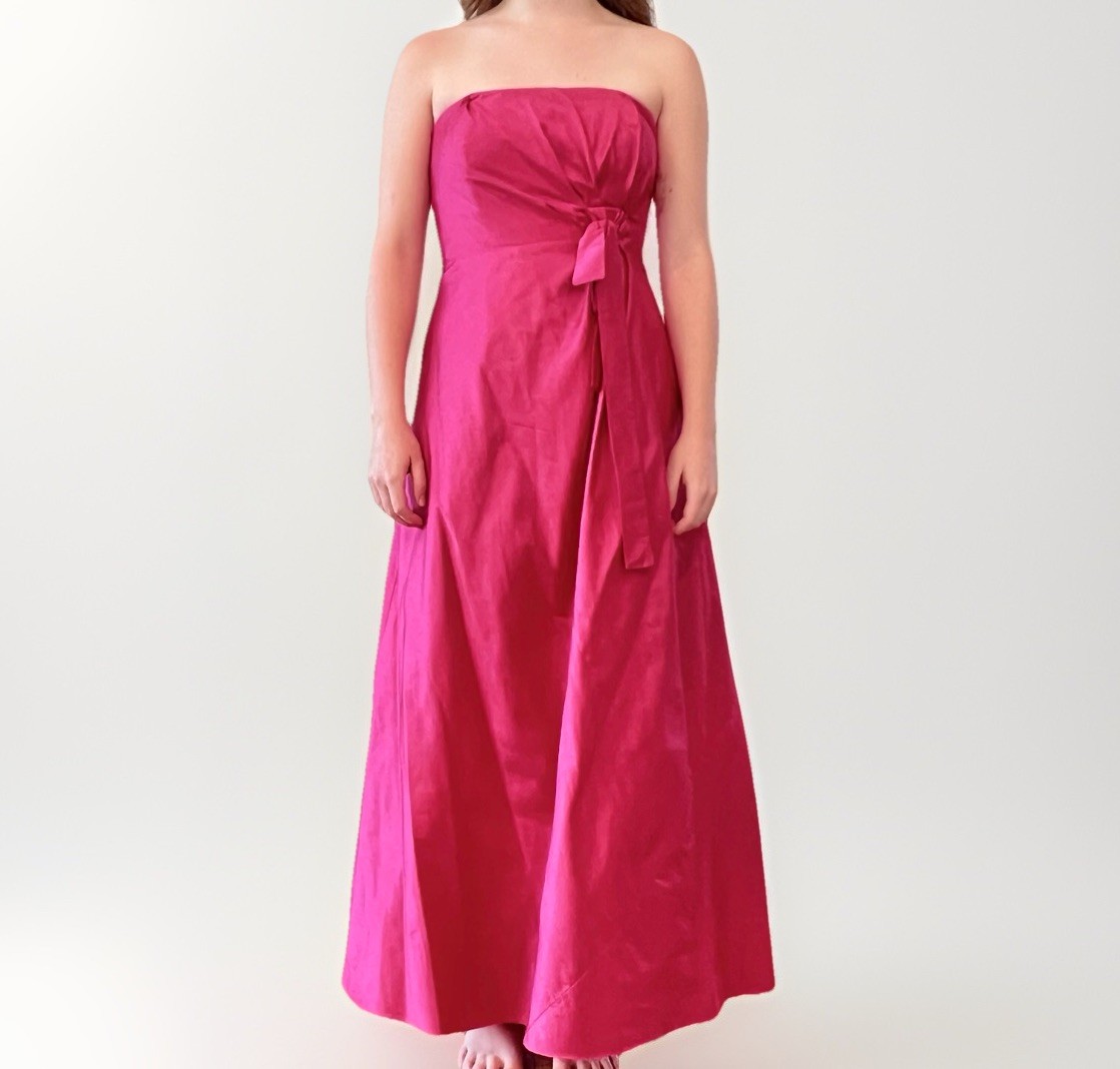 90s Hot Pink 100% Silk Taffeta Strapless Gown A-Line Bow Waist Talbots 6P VTG