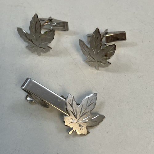 Enco Maple Leaf Sterling Silver Front Cufflinks & Tie Bar