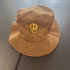 Corduroy Brown Bucket Hat Dripping Smiley Face Used