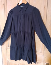 Zara Size XS Button-Up Tiered Babydoll Dress Black Gothic Smocked Puff Sleeve