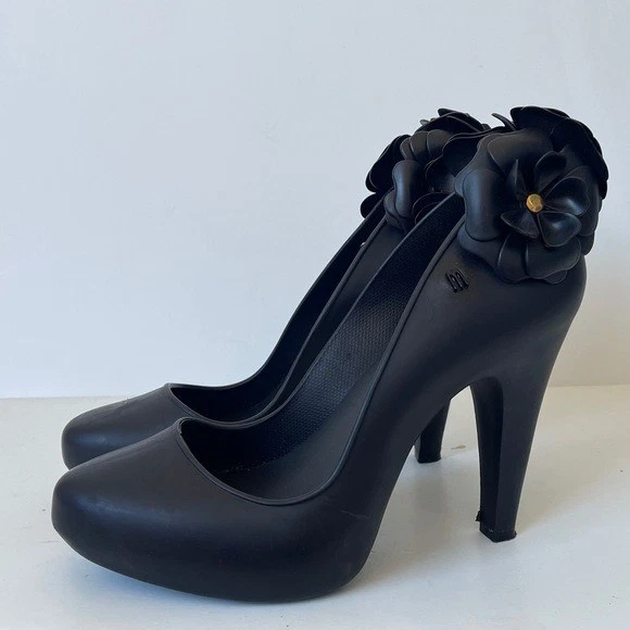 Melissa Incense Garden Floral Heels Black Size 10 – Vegan Rubber Flower Pump – C - Image 3 of 4
