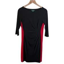 Lauren Ralph Lauren Womens 10 Petite Black Red Jersey Stretch Sheath Dress