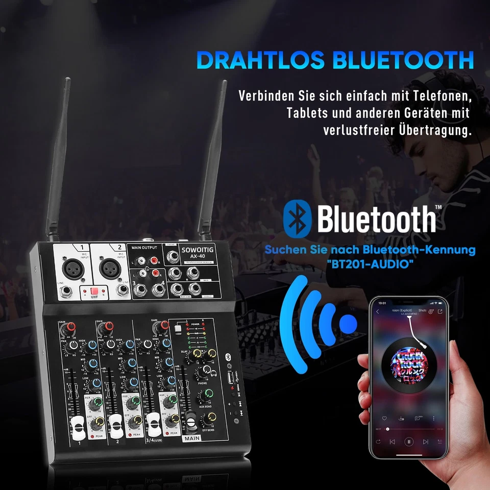 SOWOITIG Karaoke Mischpult mit 2 kabellosen Mikrofonen, 4-Kanal Audio Mixer D... - Bild 3 von 4