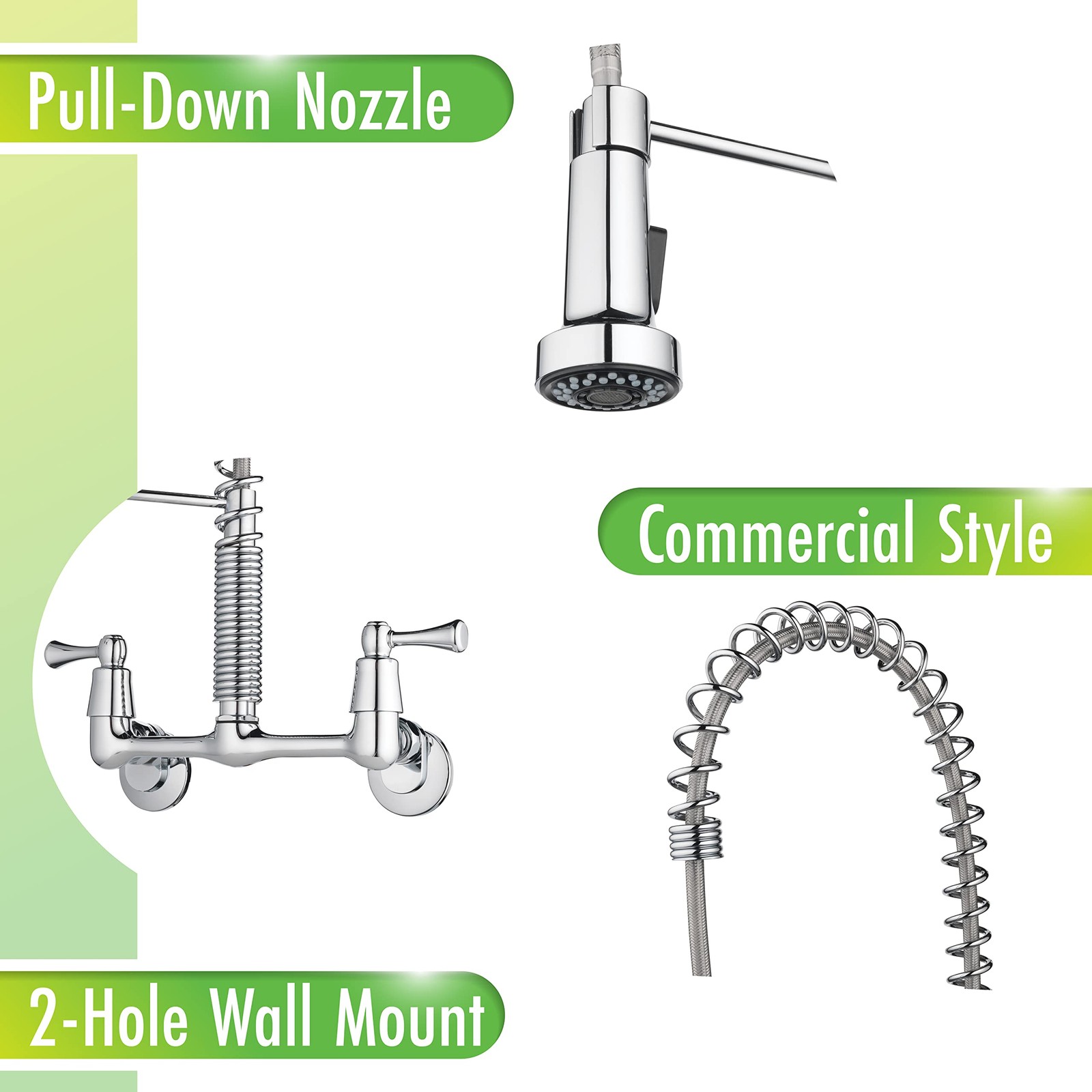 255-K821-T Dual Handle Commercial Style Wall Mount Kitchen Faucet with Pull D...