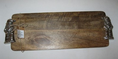 New Mud Pie Wooden Santa Tray Mango Wood Board Cast Aluminum Santa Side Handles