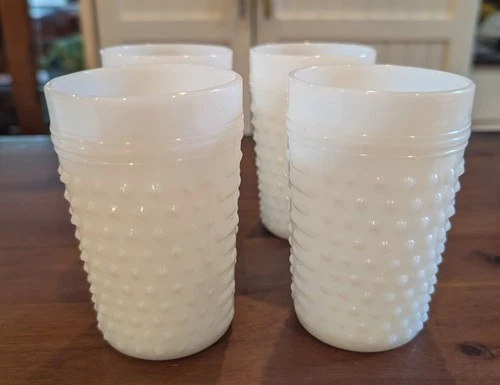 4 Vintage Anchor Hocking Milk Glass Hobnail Tumbler Drinking Glasses 4.5" 8 oz