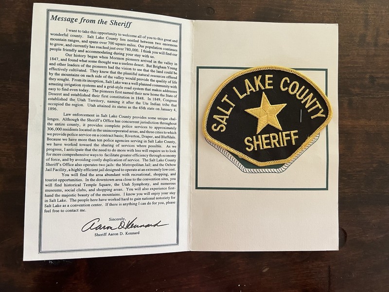 Salt Lake County Sheriff (Utah)  Shoulder Patch on a Department History Card