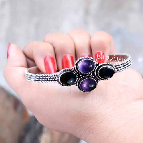 Black Onyx, Amethyst Gemstone Bangle 925 Sterling Silver Bracelet Cuff/D2340 - Picture 4 of 5