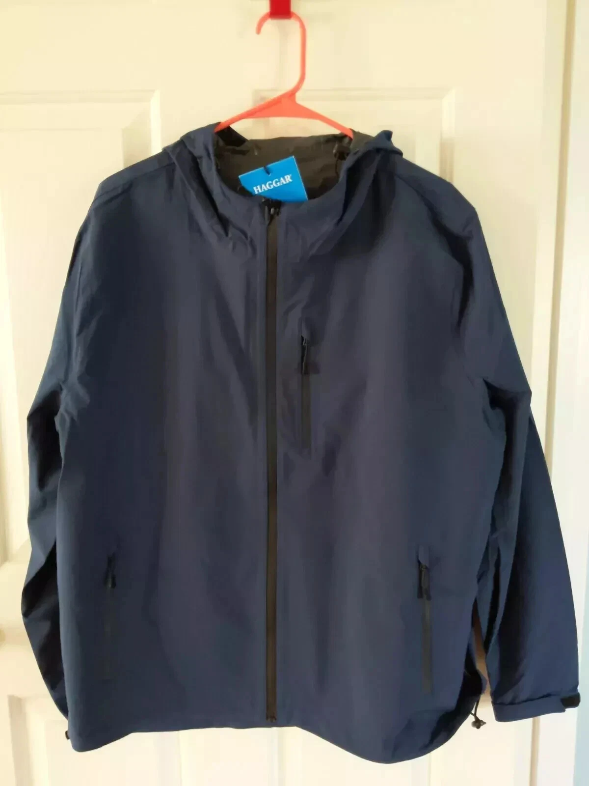 HAGGAR Navy Blue Hooded Waterproof Performance Packable Jacket Men Size L NWT