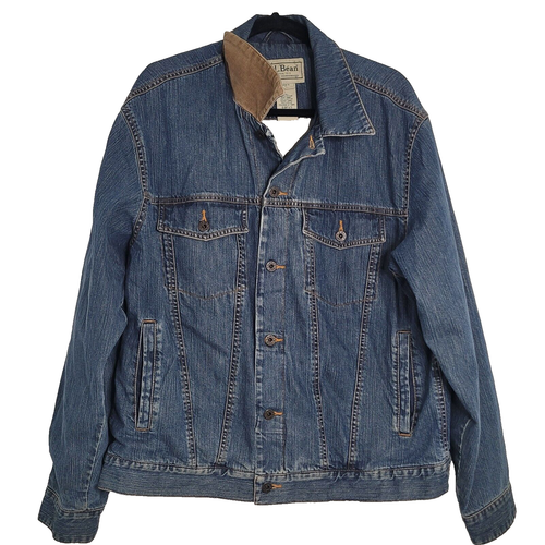 LL Bean Denim Trucker Jacket Mens Large Blue Cotton Bomber Field Corduroy Trim - 第 1/9 張圖片