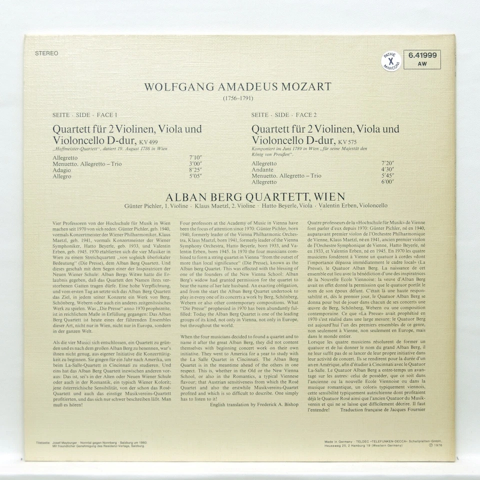 ALBAN BERG QUARTET - MOZART string quartets nos.20 & 21 TELEFUNKEN LP NM - Image 2 of 2