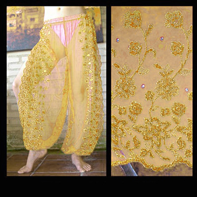 Harem Pants Belly Dance Gold w/ Gold Brocade Slit 7