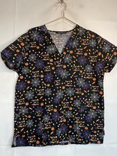 Cassandra O Women's XL Black Graphic Halloween Trick Or Treat V-Neck Scrub Top