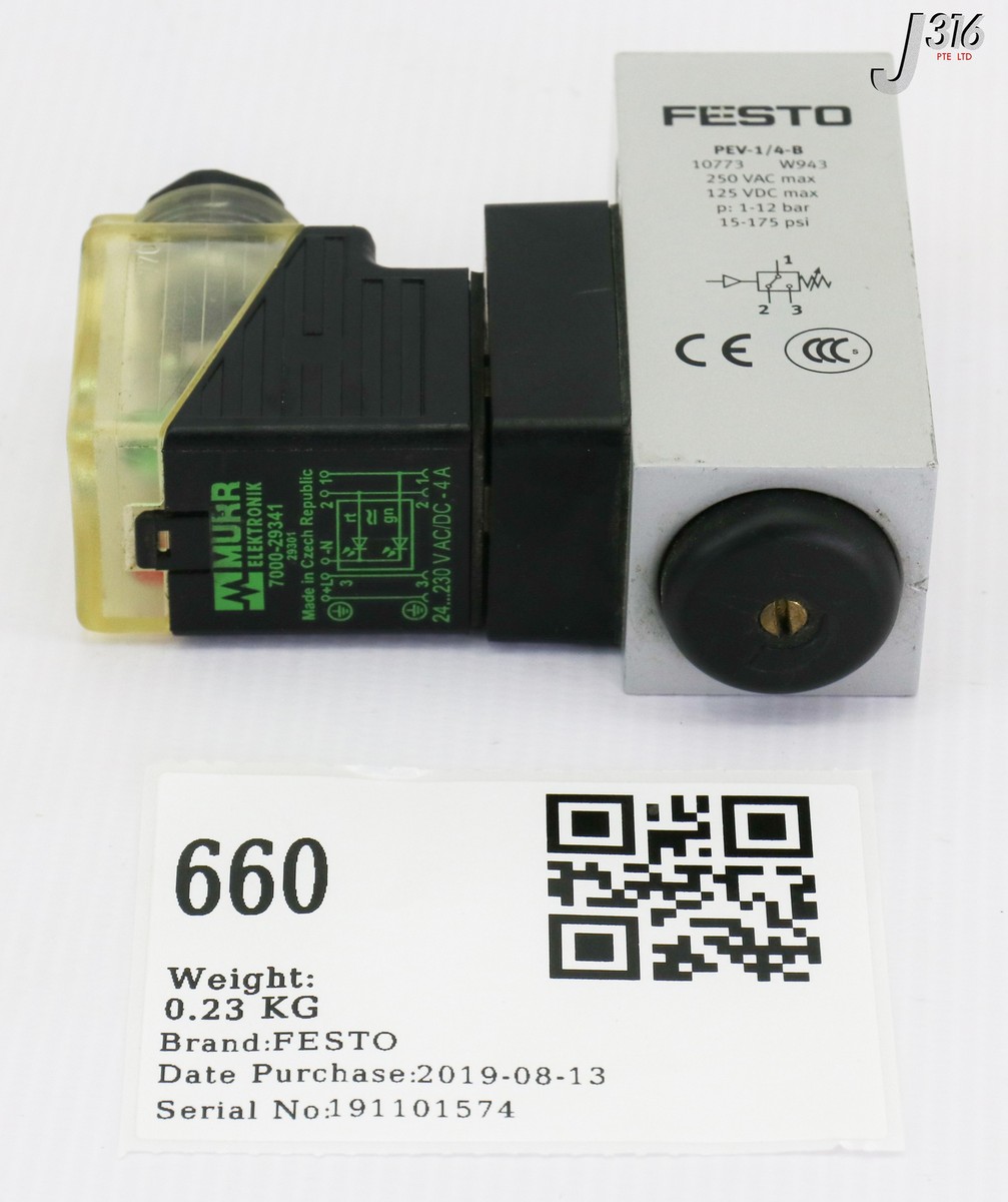V 660 FESTO PRESSURE SWITCH W/MURR VALVE PLUG 7000-29341 PEV-1/4-B