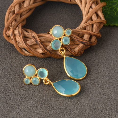 Multi Gemstones 925 Sterling Silver Gold Plated Dangle Earrings Aqua Chalcedony - Picture 7 of 9