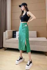 Gonna lunga donna morbida ginocchio verde quadri longuette vita alta 33540