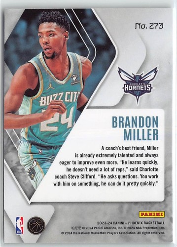 2023-24 Panini Phoenix - Rookies #273 Brandon Miller (RC) Base Charlotte Hornets - Picture 2 of 2