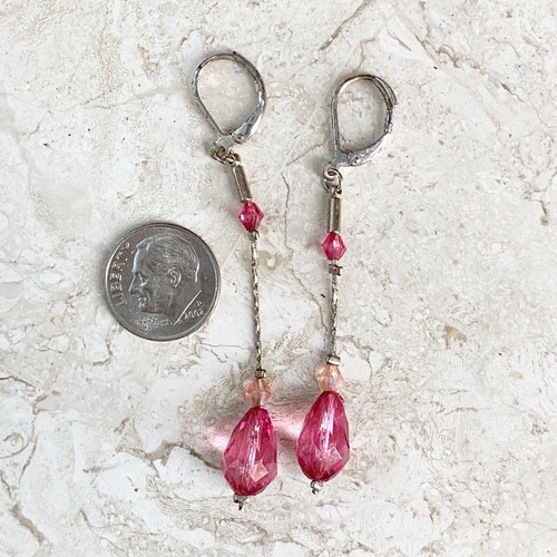 Sparkly Pink Crystal Dangle Drop Earrings Silver Leverback - Picture 6 of 6