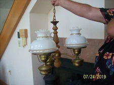 Colonial Wooden & Metal Vintage 3 Light Hanging Chandelier White Ruffled Globes