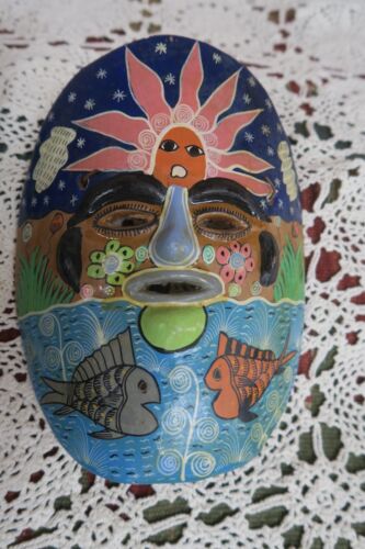 Lot 4 Vintage Hand painted Mexican Folk Art Terracotta Clay Pottery Mask Hanging - Picture 2 of 7
