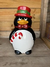 Vintage 1987 Macy's "The Cellar" Penguin Candy Cane Cookie Jar 11 In.