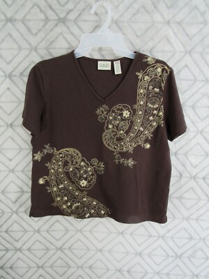 Classic Elements Top Size M 10 12 Brown Pull Over V Neck Short Sleeve Casual 