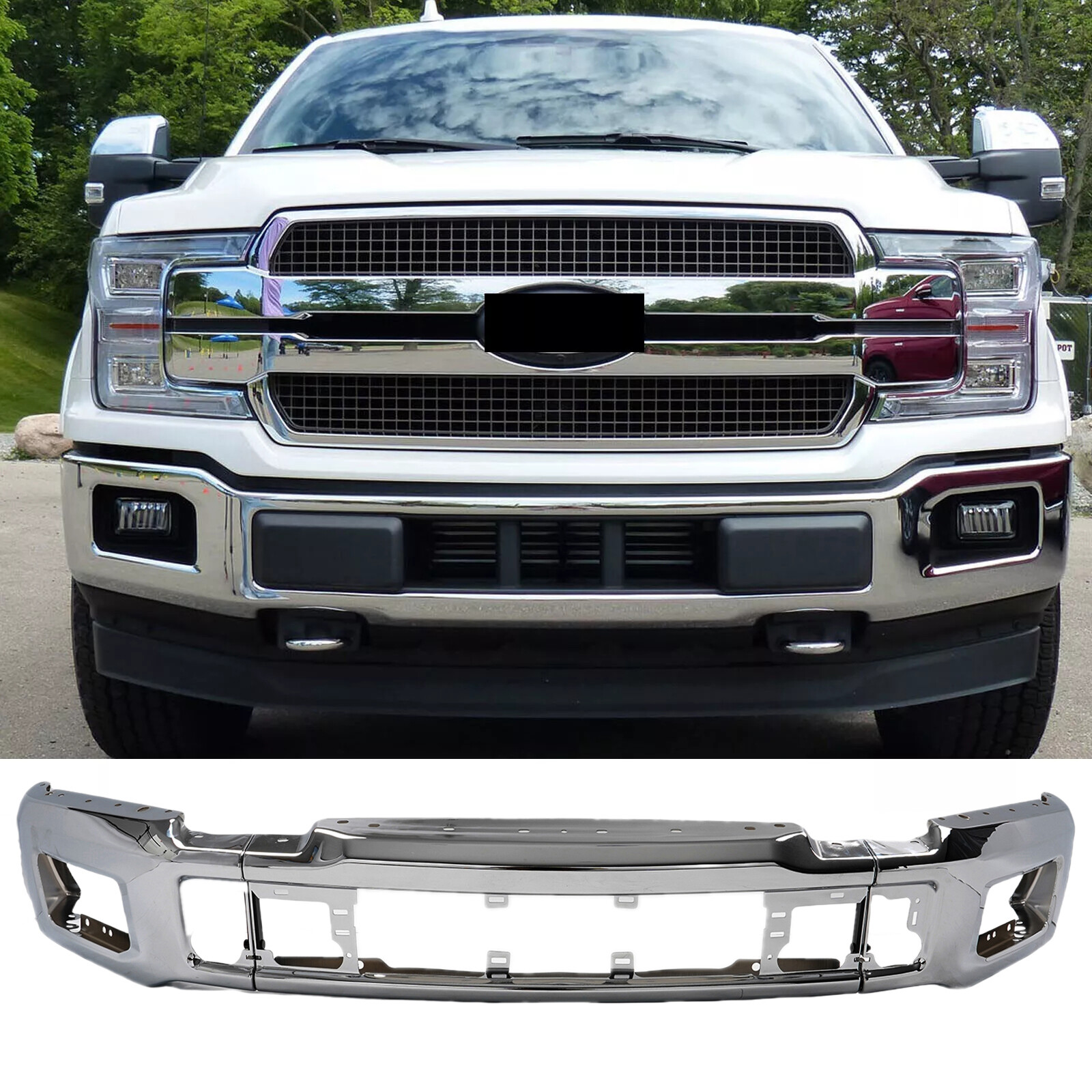 For 2018-2020 Ford F150 Front Bumper Steel Face Bar w/ Fog Light Cutouts Chrome