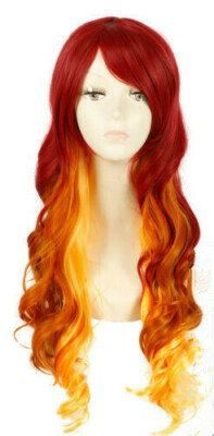 For Cosplay Starfire Wig Women Long Wavy Curly Fire Orange Red Ombre Halloween