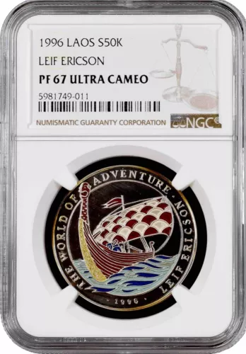 Laos 50 kip 1996, NGC PF67 UC, "World of Adventure - Leif Ericson" Pop 1/1