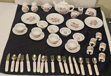 CHILDS DOLL DISH SET 45 PIECES TIN SING LTD CHINA PORCELAIN 1980'S PINK ROSES