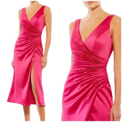 Mac Duggal NWT Pink Satin Ruched V-Neck Faux Wrap Midi Dress Size 4 Sleeveless