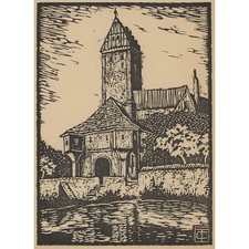 Carl Thiemann Stadttor Dinkelsbühl Bayern orig Holzschnitt Kunst und Leben 1922