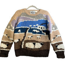 Vintage WOOLRICH Woman Sweater Wool Sheep Landscape Size S 80s Chunky EXCELLENT