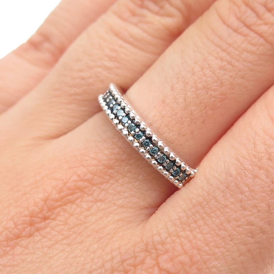 925 Sterling Silver Real Round-Cut Blue Diamond Half Eternity Band Ring Size 8 - Image 2 of 4