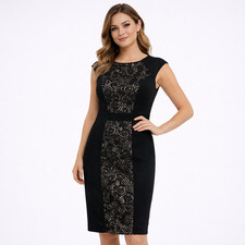 London Times Sleeveless Little Black Dress 8P Cocktail Sheath Lace Quiet Luxury