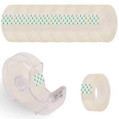 TRIMMING SHOP 9 Rolls of Clear Tape with Dispenser Home Office Sellotape Wrap Mini Dispenser