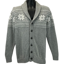 Old Navy Cardigan Sweater Gray Fair Isle Shawl Collar Wool Blend Winter L Large